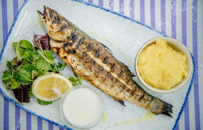 Biban de mare la grill cu mamaliga si mujdei