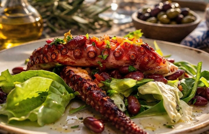 Caracatita grill cu sos tzatziki, mamaliga, mujdei/sos lamaie