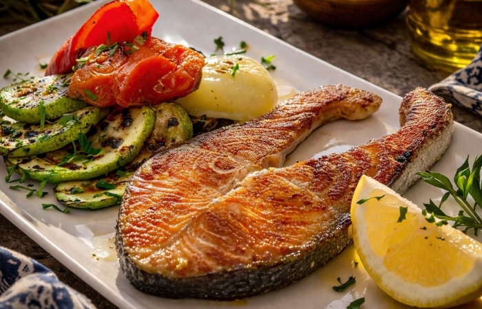 Rondea de somon grill cu dovlecei si rosii