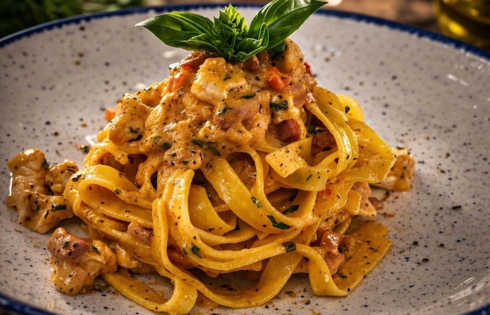 Tagliatelle cu pui si pancetta